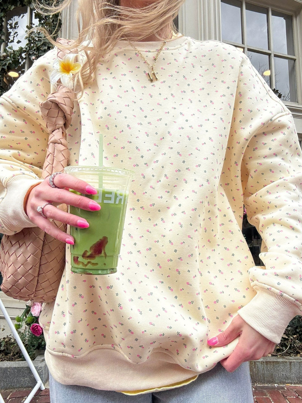 Zara Casual Long Sleeve Printed Round Neck Mid Length Pullover Sweatshirt